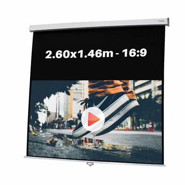 Ecran de projection manuel pour video projecteur, format 2,60 x 1.46 m , ecran 16/9