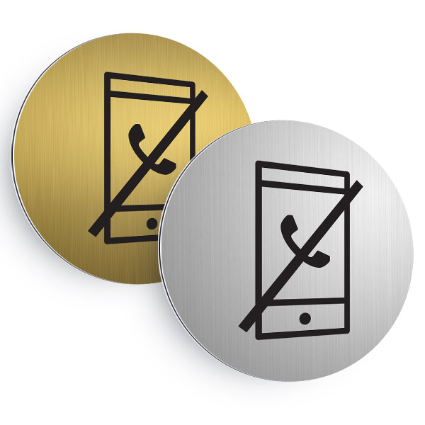 Plaque de porte ronde aluminium brossé pictogramme portable interdit