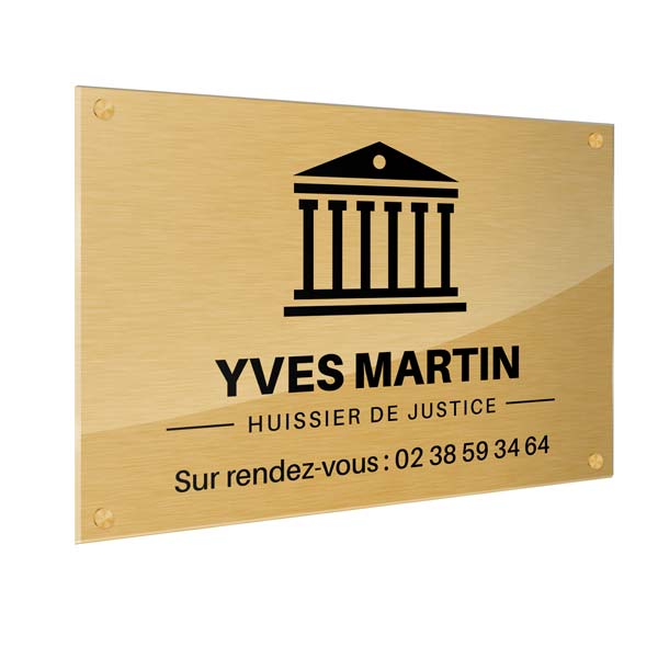 Plaque professionnelle Huissier de Justice, effet brossé doré 30 x 20 cm avec caches vis 