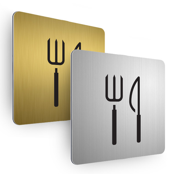Plaque de porte aluminium brossé carrée pictogramme restaurant
